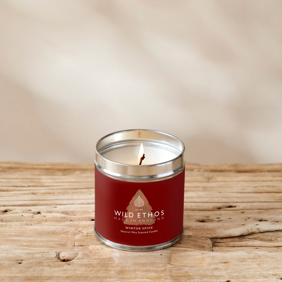 Wild ethos winter spice tin candle with orange and cinnamon on wooden surface