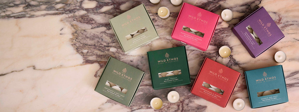 Wild Ethos autumn collection tealights on marble surface