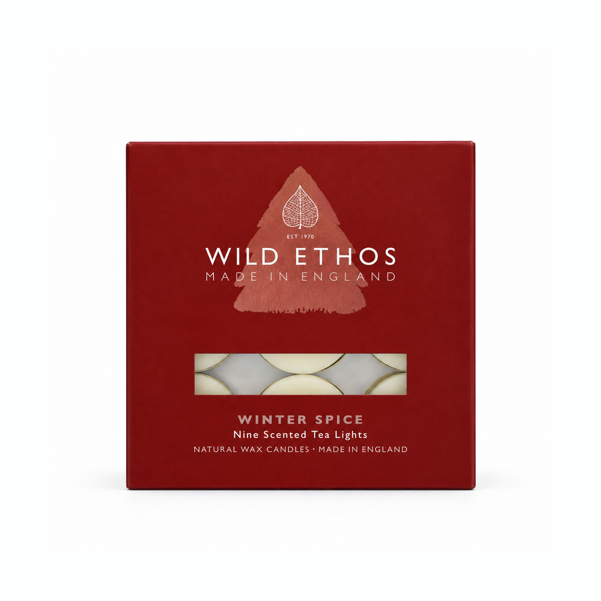 Wild Ethos Winter Spice nine scented tea lights in a red gift box with a window showing the natural wax candles on white background